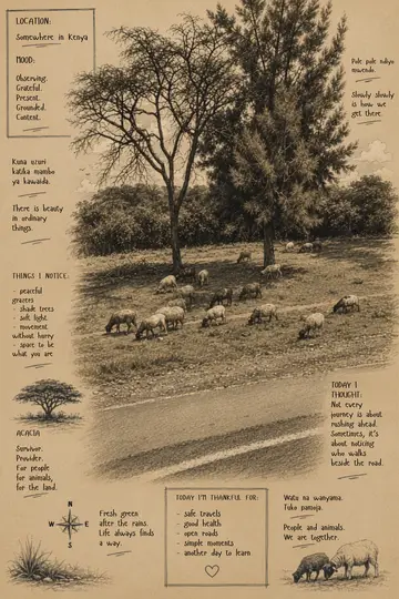 Field note: sheep grazing under acacia trees, Kenya