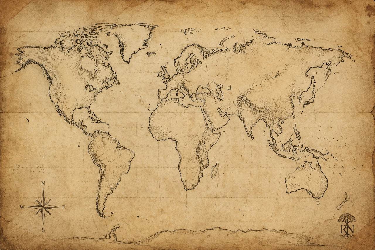 An old hand-drawn world map with a red pin for each RootedNomad expedition