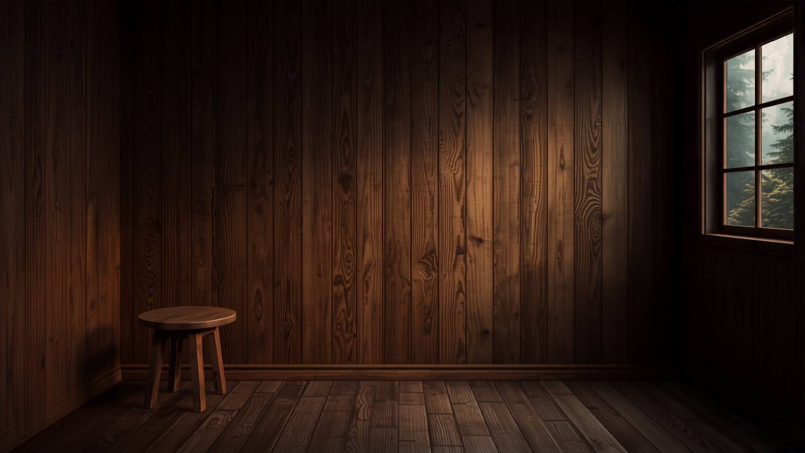 A quiet wooden cabin room with a stool and a window onto a misty forest