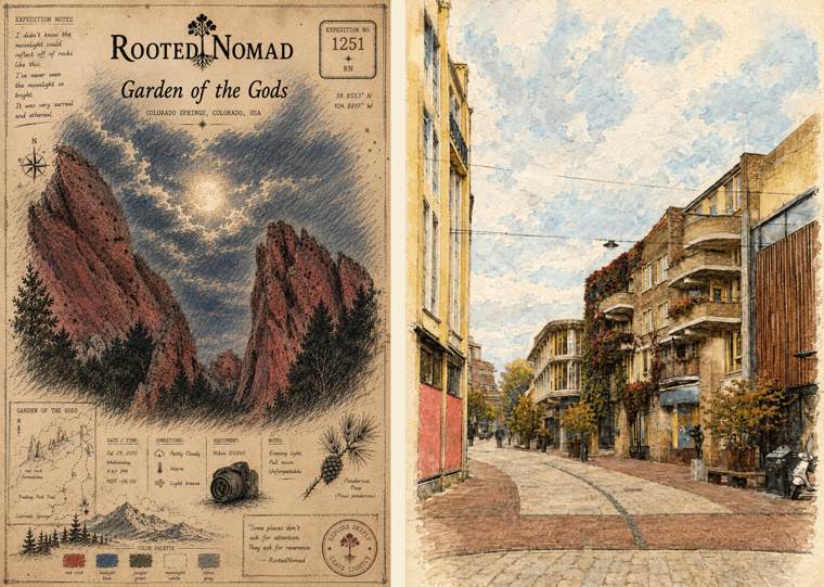 Two RootedNomad field-note posters side by side: Expedition 1251, Garden of the Gods under a full moon, and Expedition 5105, a street in Arnhem